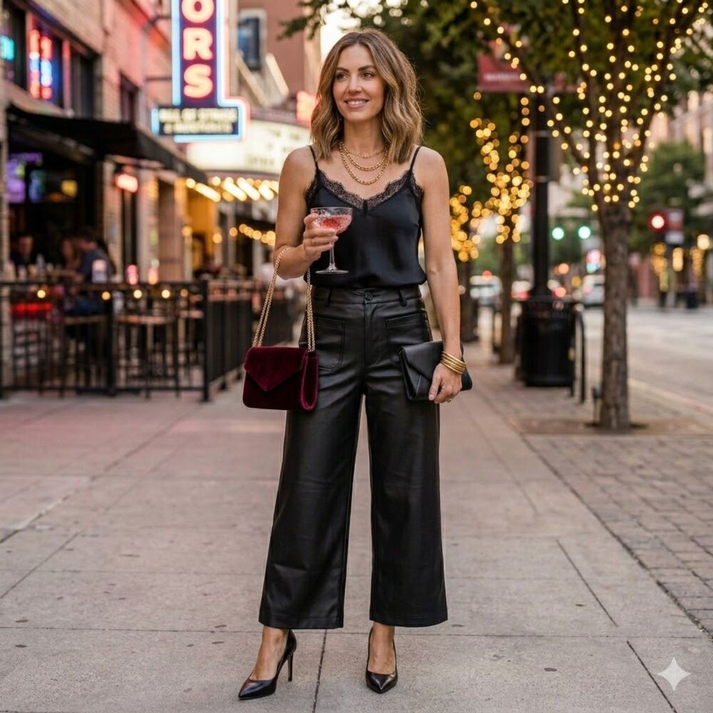 CeCe Black Faux Leather Pants Womens Size L High Rise Wide Leg Cropped Culottes.